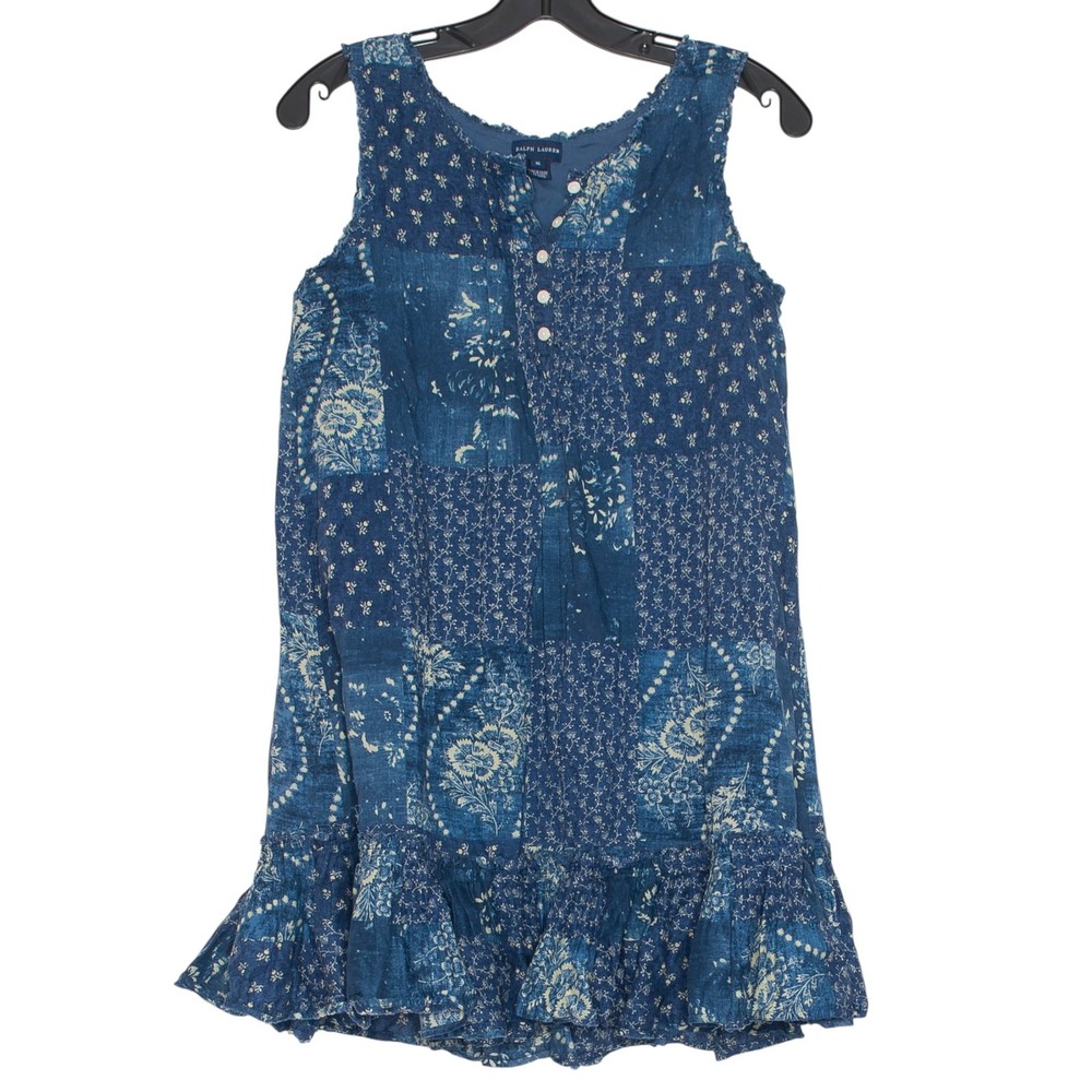 Ralph Lauren Girls Dress Boho Minimalist Whimsical Patchwork Floral Blue Size 16